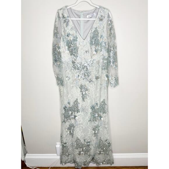 Mac Duggal 67539 Sea Mist Embellished Illusion V Neck Long Sleeve Gown 14 $698 - Picture 3 of 10